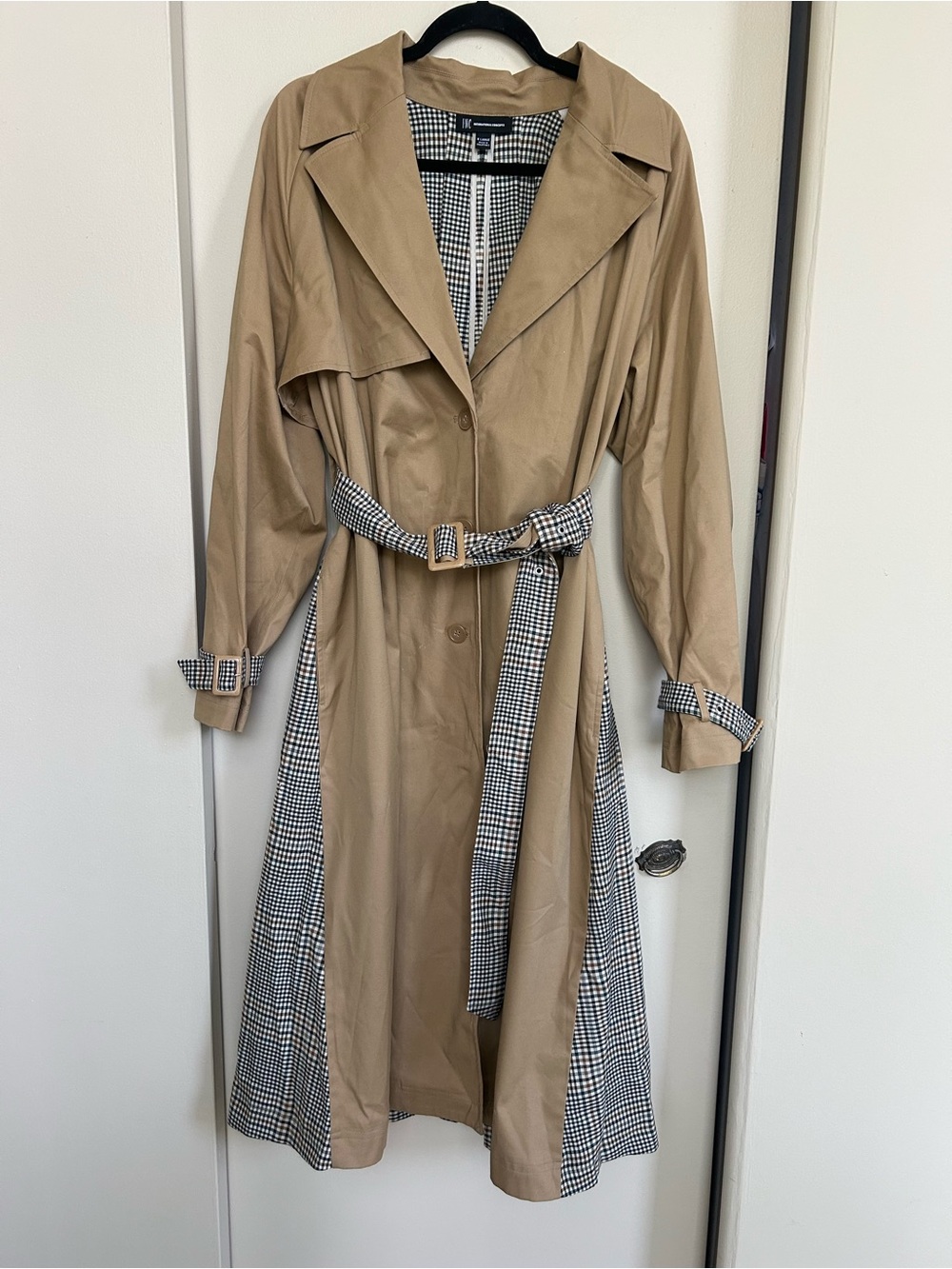 INC International Concepts Mixed Media Classic Tan & Houndstooth Trench Coat XL